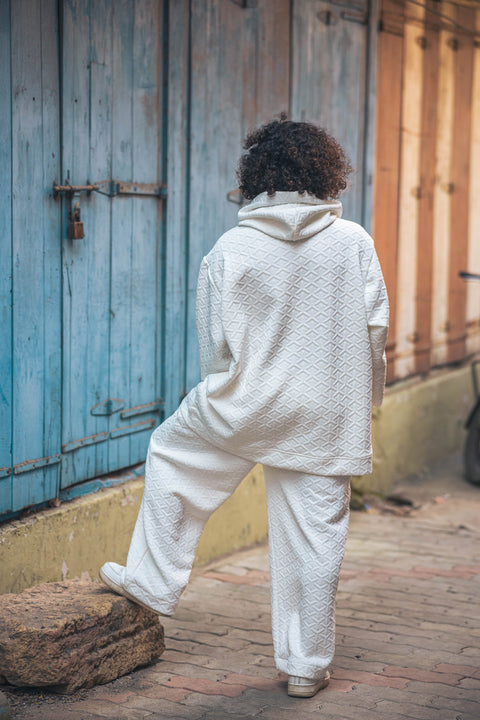 Ivory 3D Textured Co-Ord Set with Hooded Overshirt & Wide-Leg Pants
