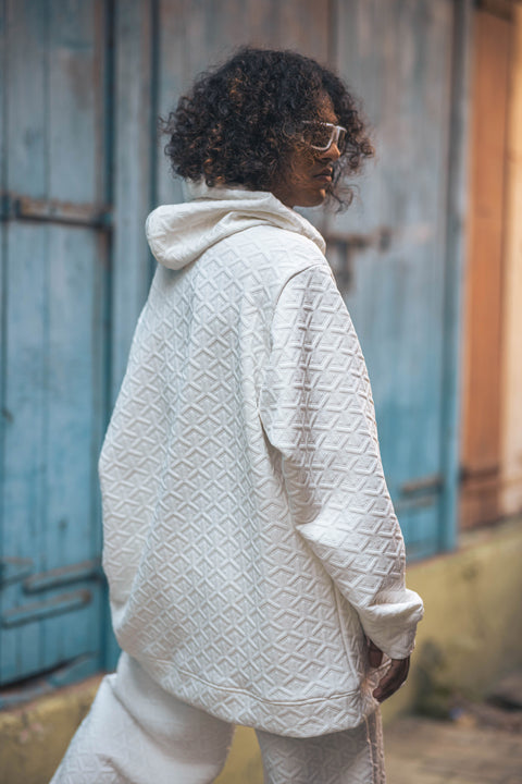 Ivory 3D Textured Co-Ord Set with Hooded Overshirt & Wide-Leg Pants