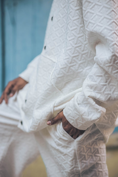 Ivory 3D Textured Co-Ord Set with Hooded Overshirt & Wide-Leg Pants