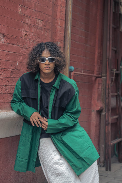 Two-Tone Utility Shirt Jacket – Emerald Green & Jet Black