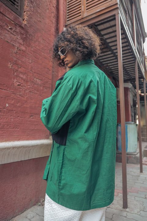 Two-Tone Utility Shirt Jacket – Emerald Green & Jet Black