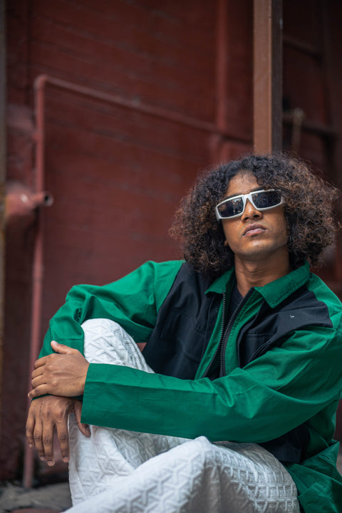Two-Tone Utility Shirt Jacket – Emerald Green & Jet Black