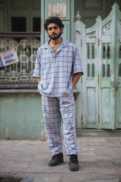 Unisex Blue Grid Co-Ord Set with Half-Sleeve Shirt & Relaxed Trousers
