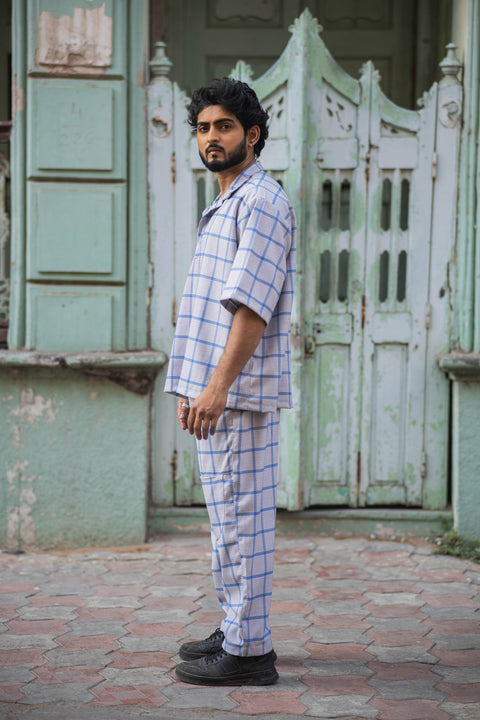 Unisex Blue Grid Co-Ord Set with Half-Sleeve Shirt & Relaxed Trousers