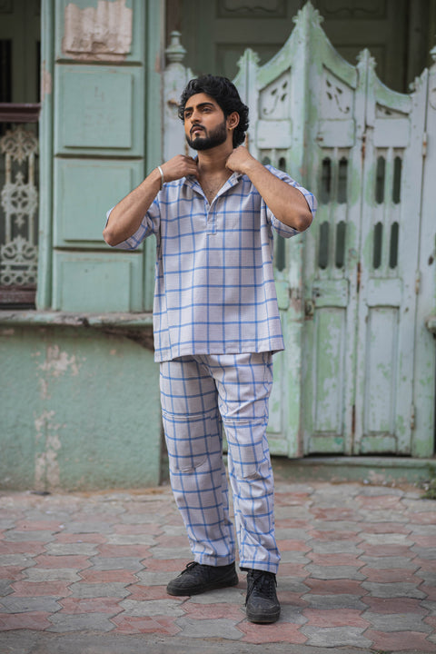 Unisex Blue Grid Co-Ord Set with Half-Sleeve Shirt & Relaxed Trousers