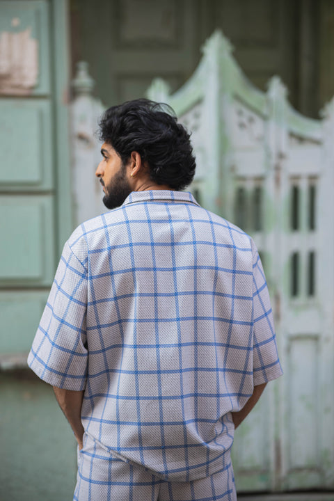 Unisex Blue Grid Co-Ord Set with Half-Sleeve Shirt & Relaxed Trousers