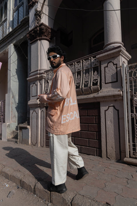 Peach Graphic Utility Co-Ord Set with Cargo Shirt & Wide-Leg Pants