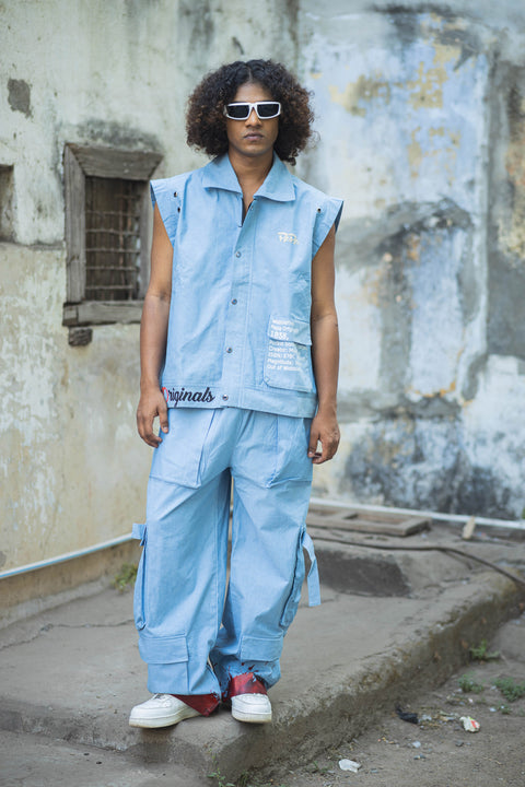 Denim Blue Dragon-Back Sleeveless Co-Ord Set with Cargo Pants