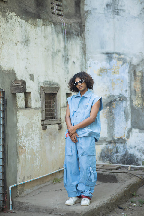 Denim Blue Dragon-Back Sleeveless Co-Ord Set with Cargo Pants