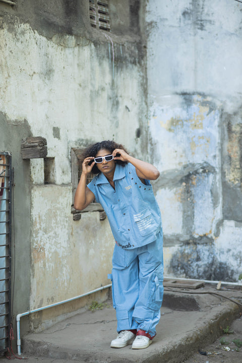 Denim Blue Dragon-Back Sleeveless Co-Ord Set with Cargo Pants