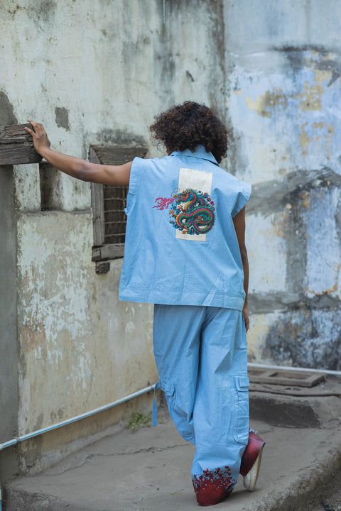 Denim Blue Dragon-Back Sleeveless Co-Ord Set with Cargo Pants