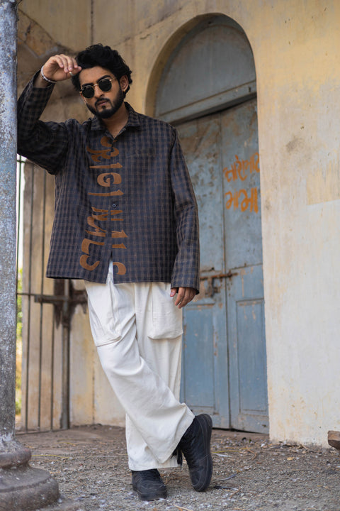Legacy Grid Shirt with Contrast Felt Typography – Oversized Fit