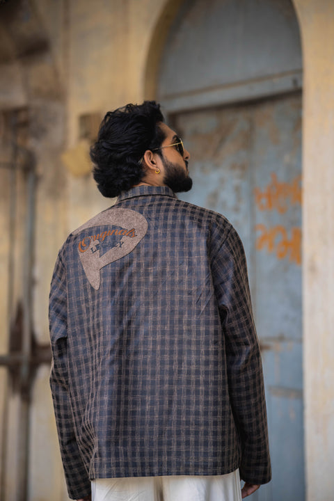 Legacy Grid Shirt with Contrast Felt Typography – Oversized Fit