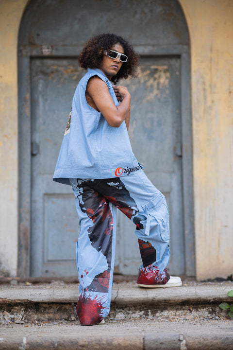 Dragonfire Printed Sleeveless Co-Ord Set in Powder Blue Denim