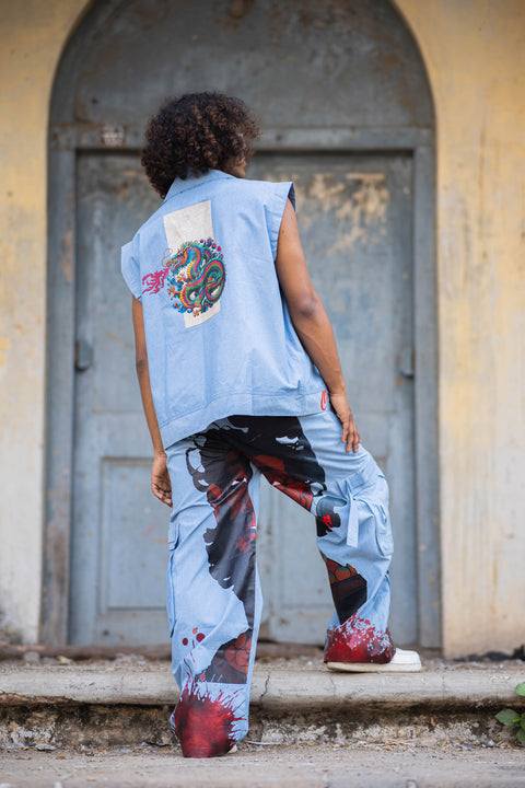 Dragonfire Printed Sleeveless Co-Ord Set in Powder Blue Denim