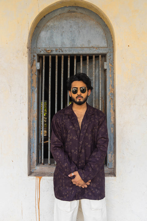 Plum Floral Jacquard Overshirt with Notched Lapel – Relaxed Fit