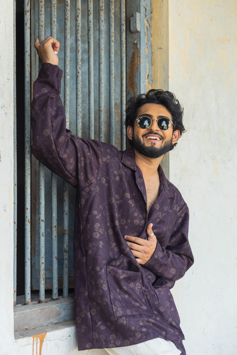 Plum Floral Jacquard Overshirt with Notched Lapel – Relaxed Fit