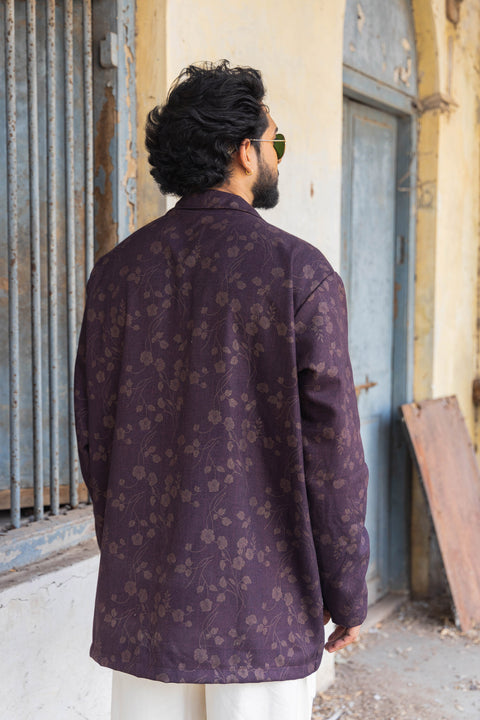 Plum Floral Jacquard Overshirt with Notched Lapel – Relaxed Fit