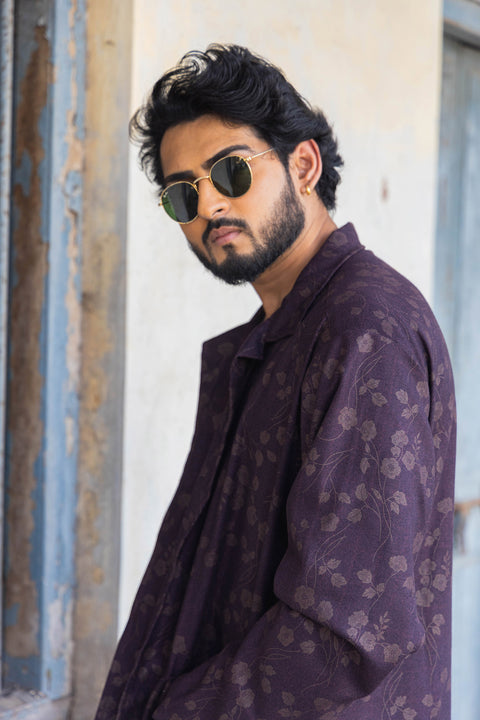 Plum Floral Jacquard Overshirt with Notched Lapel – Relaxed Fit