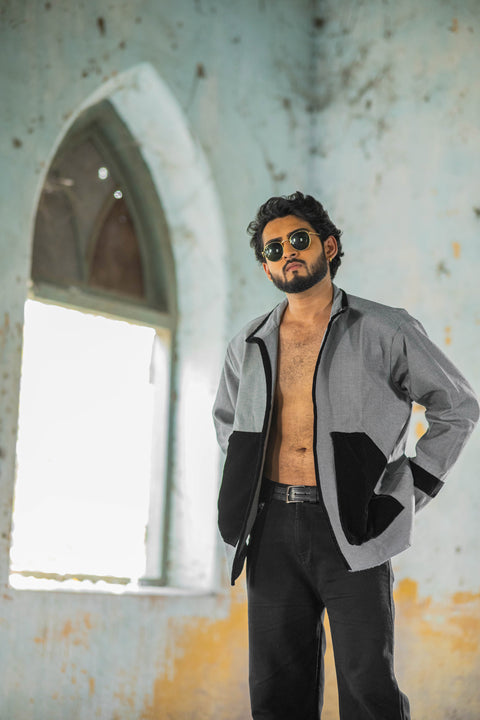 Monochrome Panelled Overshirt in Grey with Black Accents