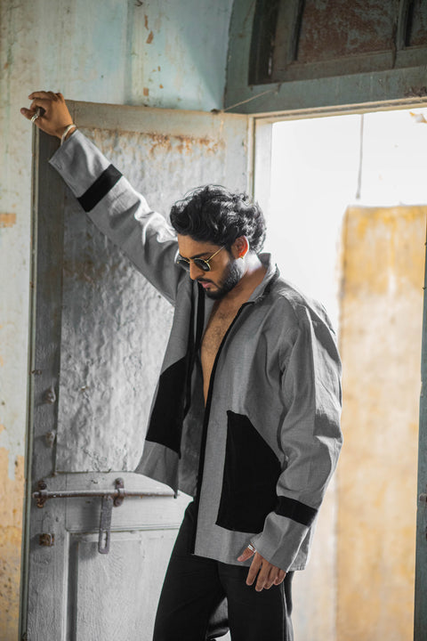 Monochrome Panelled Overshirt in Grey with Black Accents