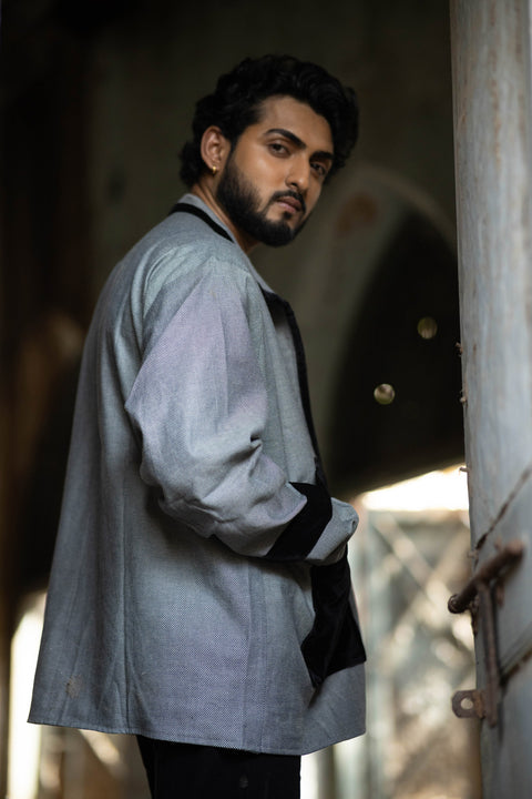 Monochrome Panelled Overshirt in Grey with Black Accents