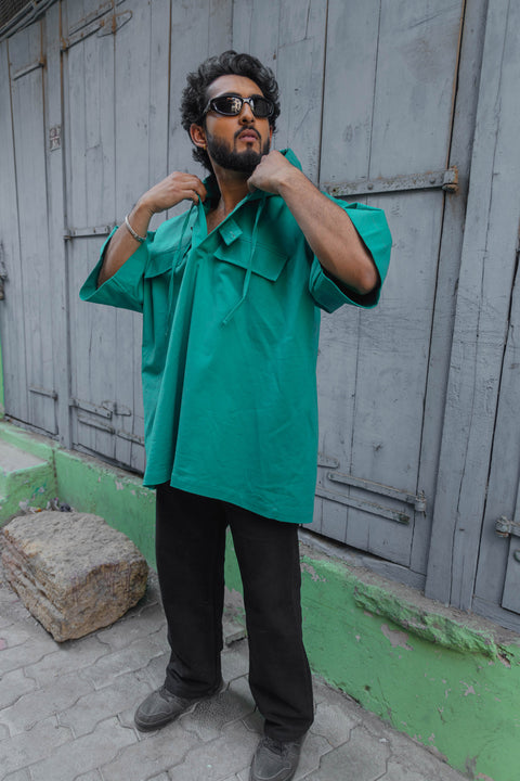 Emerald Oversized Utility Hoodie Shirt with Half Sleeves