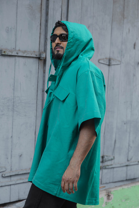 Emerald Oversized Utility Hoodie Shirt with Half Sleeves