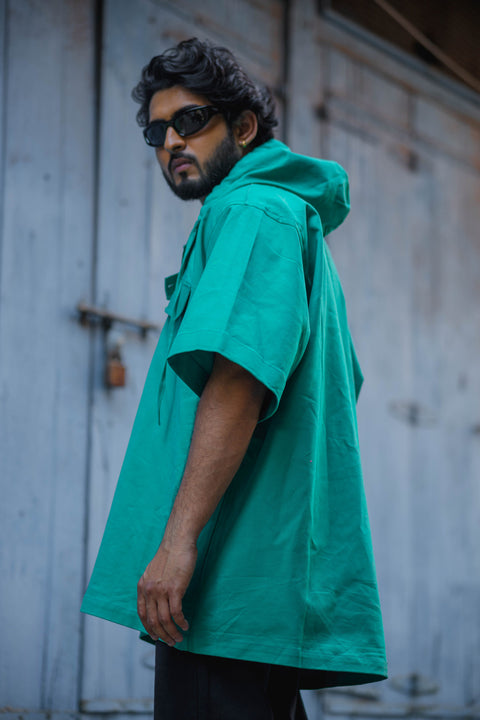 Emerald Oversized Utility Hoodie Shirt with Half Sleeves