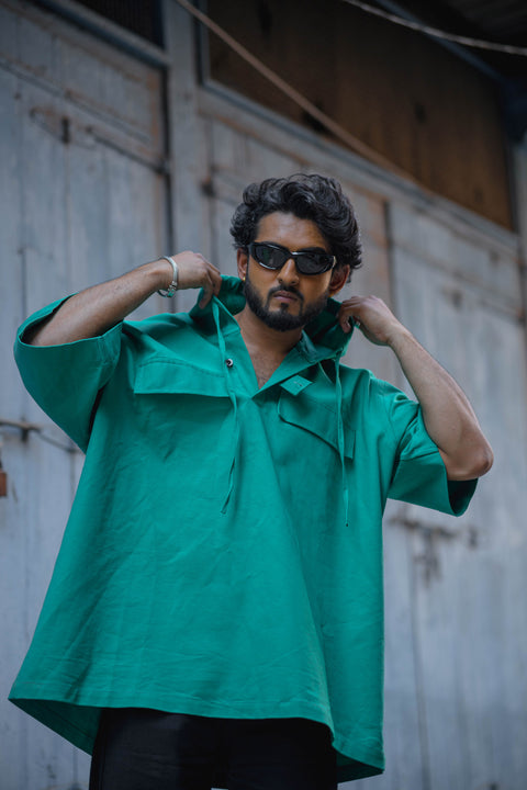 Emerald Oversized Utility Hoodie Shirt with Half Sleeves
