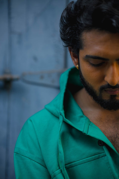 Emerald Oversized Utility Hoodie Shirt with Half Sleeves