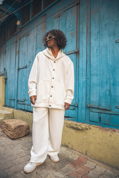 Ivory 3D Textured Co-Ord Set with Hooded Overshirt & Wide-Leg Pants