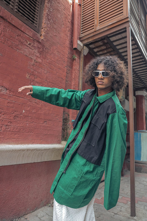 Two-Tone Utility Shirt Jacket – Emerald Green & Jet Black