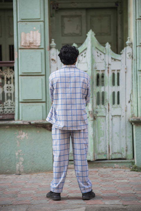 Unisex Blue Grid Co-Ord Set with Half-Sleeve Shirt & Relaxed Trousers