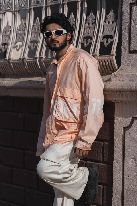 Peach Graphic Utility Co-Ord Set with Cargo Shirt & Wide-Leg Pants