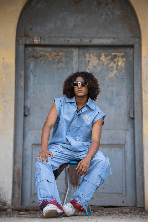 Dragonfire Printed Sleeveless Co-Ord Set in Powder Blue Denim