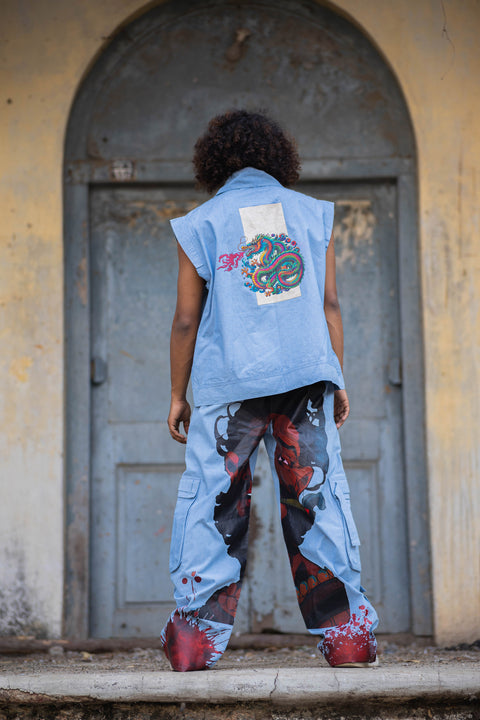 Dragonfire Printed Sleeveless Co-Ord Set in Powder Blue Denim