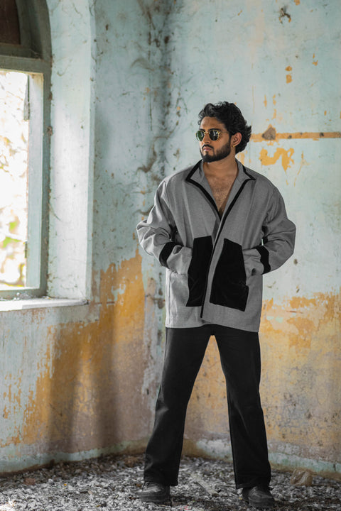 Monochrome Panelled Overshirt in Grey with Black Accents