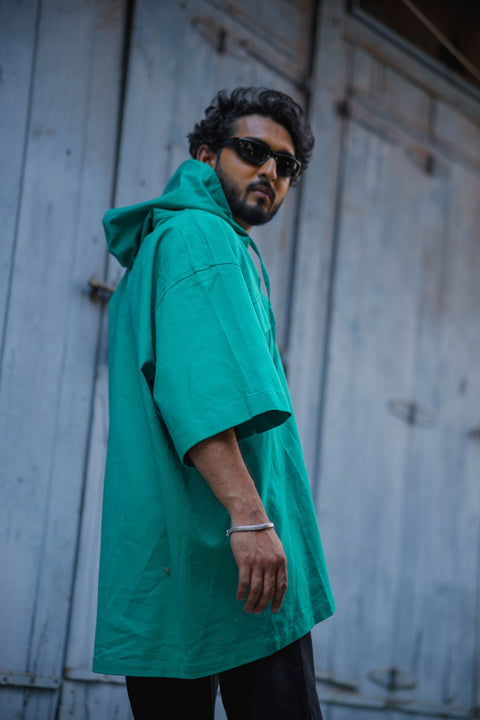 Emerald Oversized Utility Hoodie Shirt with Half Sleeves