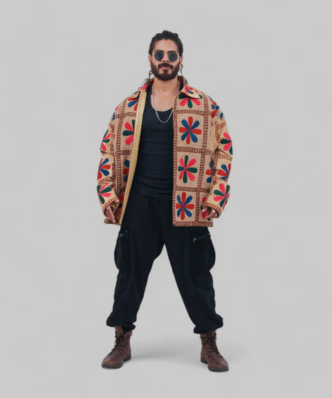 Oversized Natural Jute Embroidered Jacket