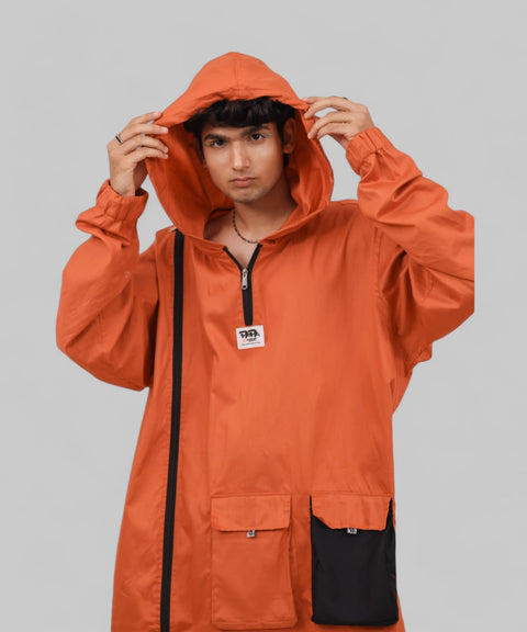 Orange Baggy Shacket With Box Pocket and Hoodie