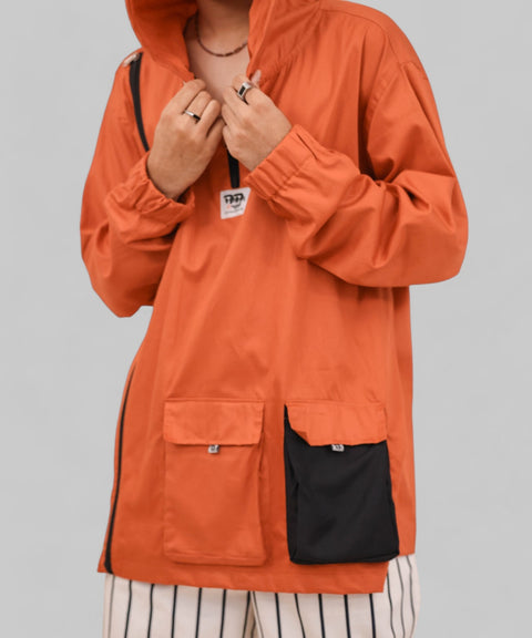 Orange Baggy Shacket With Box Pocket and Hoodie